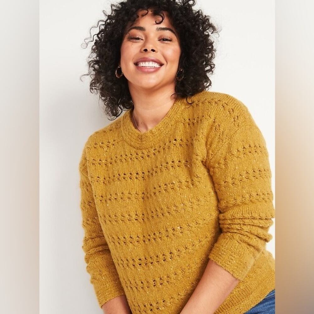 Old Navy Women's Mustard Sweater Textured Cable-Knit Pointelle Sweater